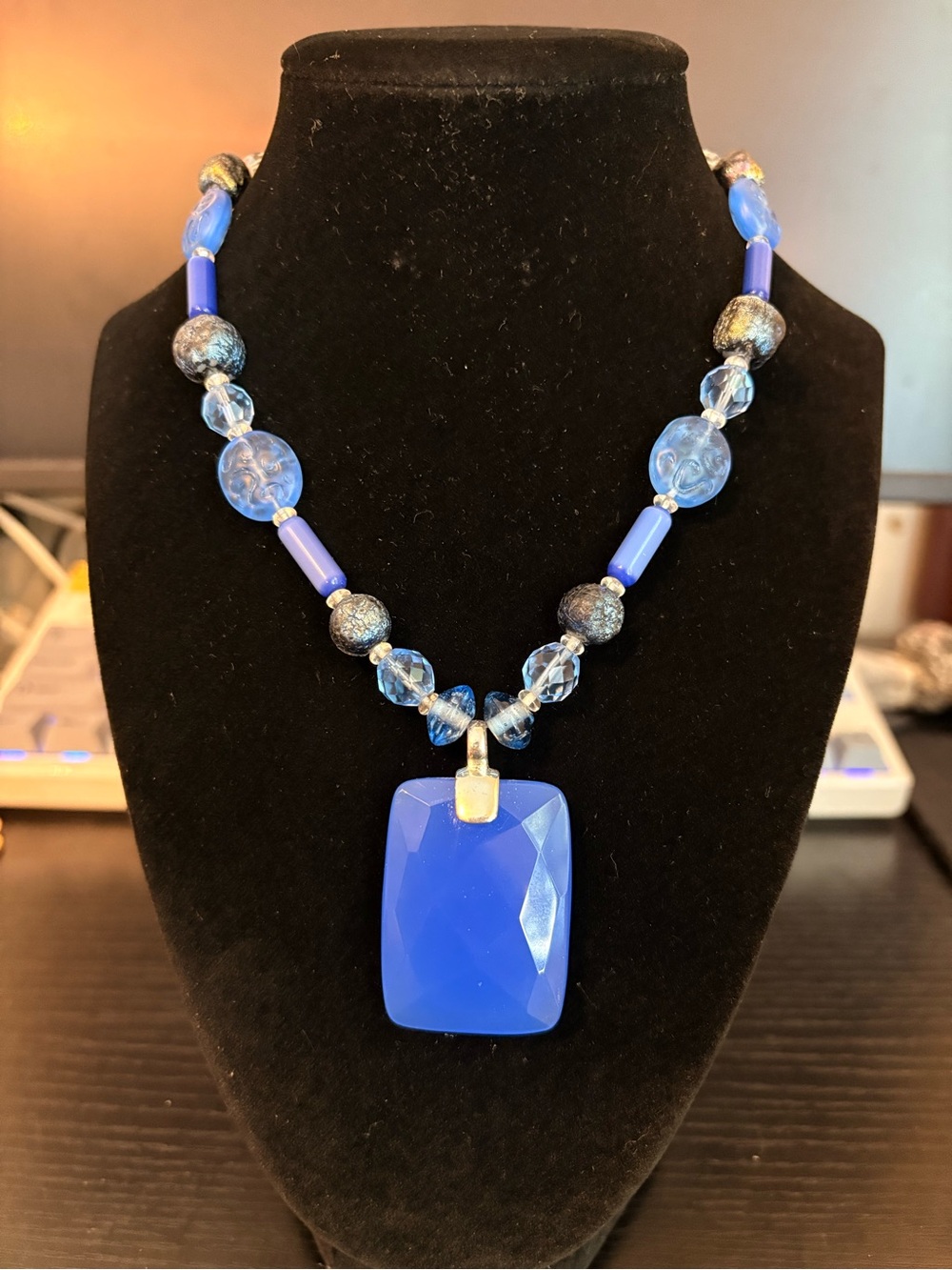 Sterling Silver 925 Royal Blue Beaded Necklace with Chalcedony Pendant